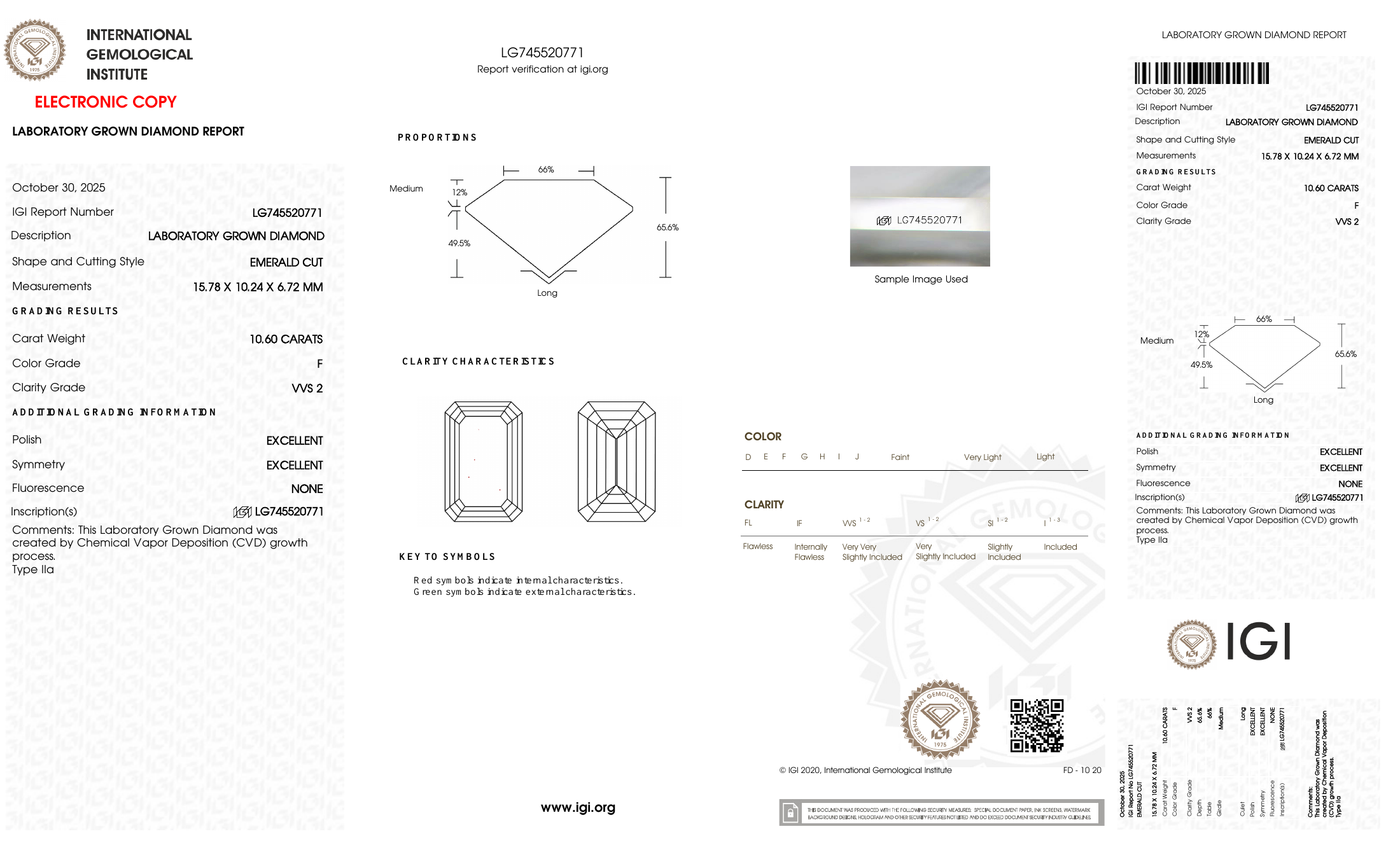 IGI certificate LG745520771: 10.60 ct, F color, VVS2 clarity
