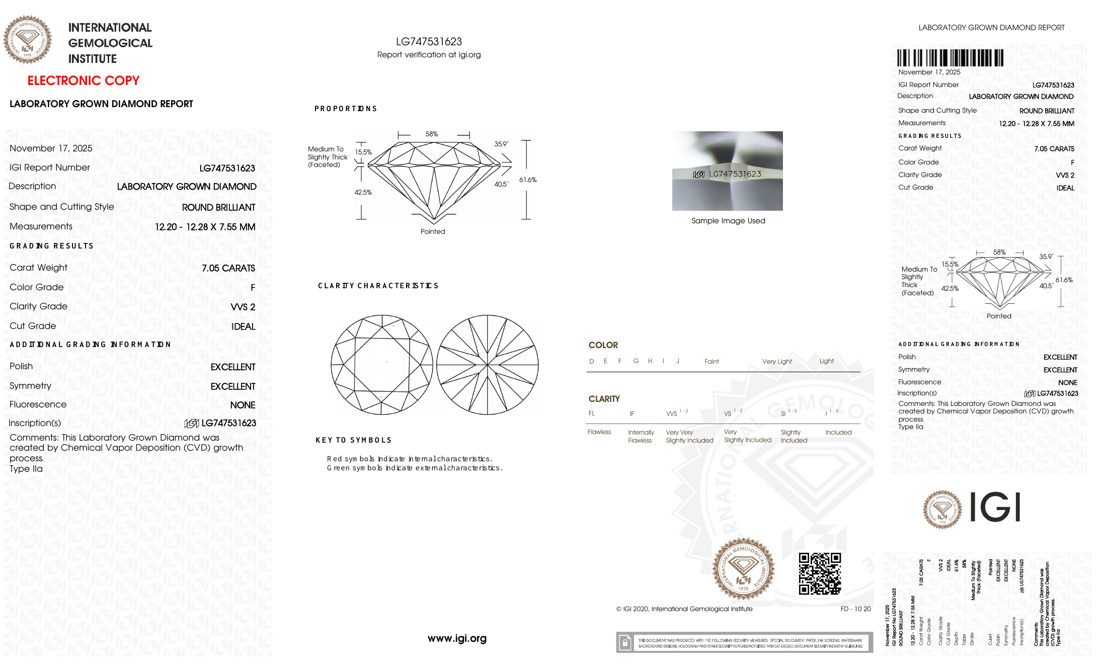 IGI certificate LG747531623: 7.05 ct, F color, VVS2 clarity