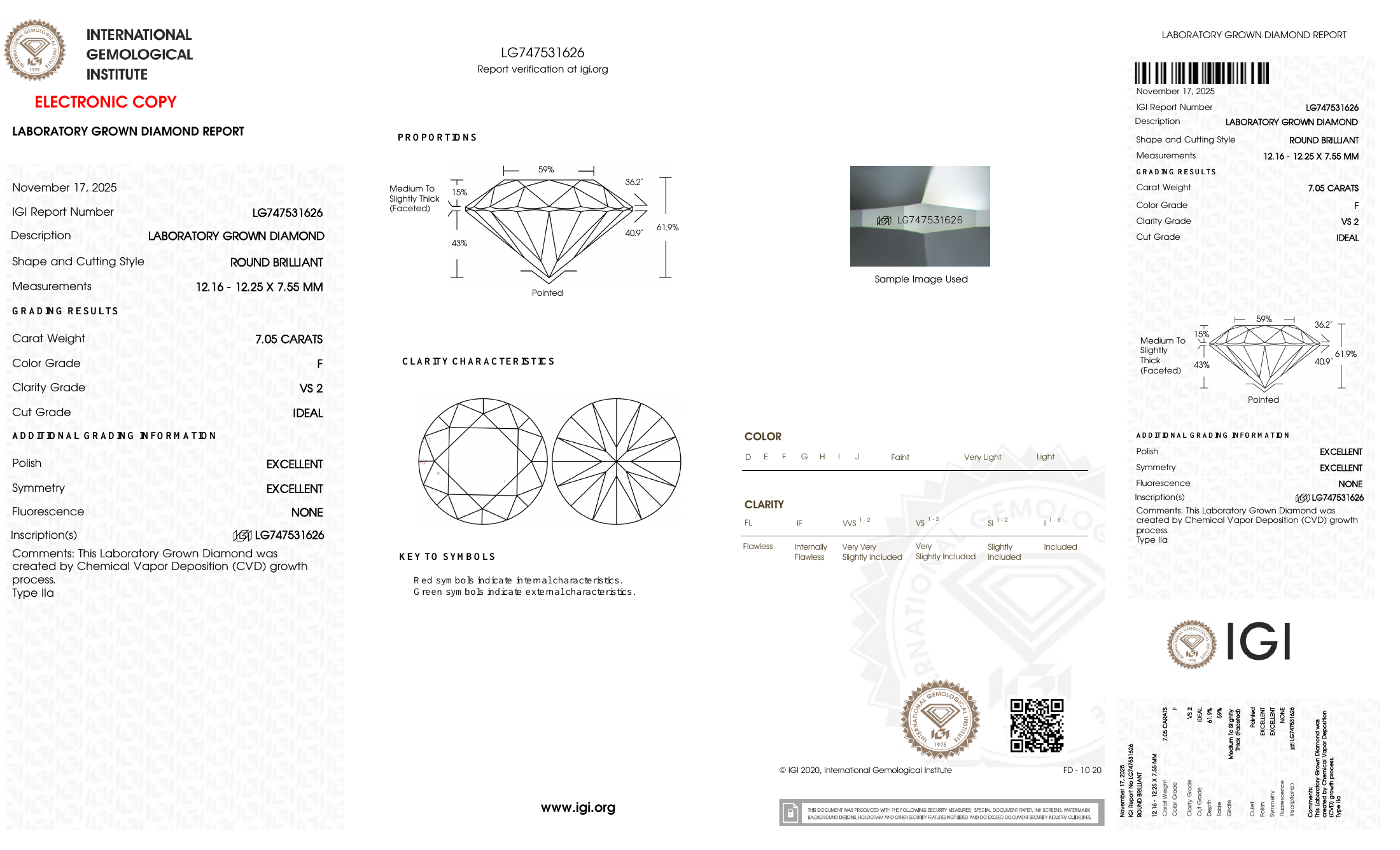 IGI certificate LG747531626: 7.05 ct, F color, VS2 clarity