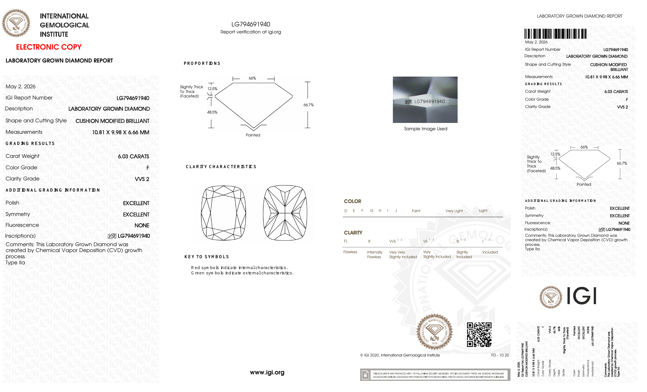 IGI certificate LG794691940: 6.03 ct, F color, VVS2 clarity