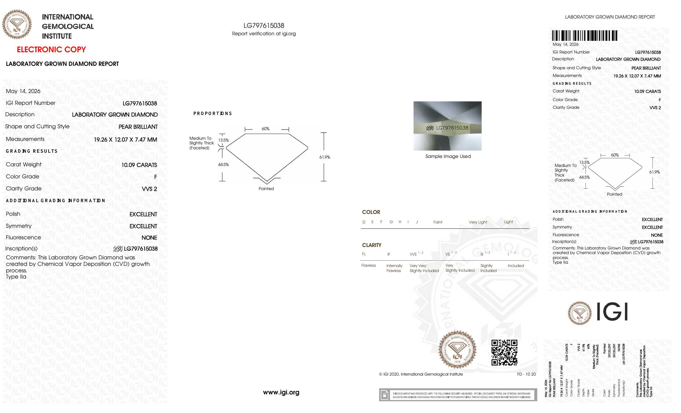 IGI certificate LG797615038: 10.09 ct, F color, VVS2 clarity