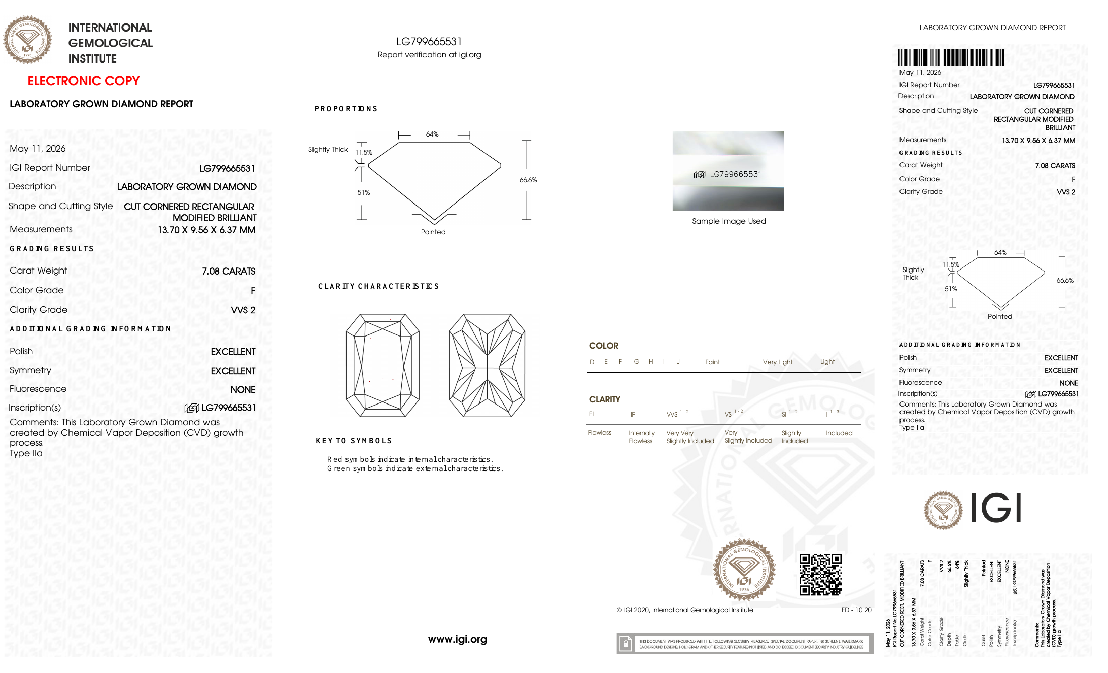 IGI certificate LG799665531: 7.08 ct, F color, VVS2 clarity