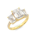 3-Stone Hidden Halo Emerald Cut Moissanite Ring ( 14K Yellow Gold )