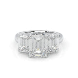 Three Stones Emerald Cut Moissanite Engagement Ring - Platinum-Plated Silver
