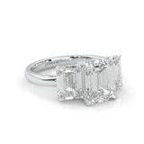 Three Stones Emerald Cut Moissanite Engagement Ring - Platinum-Plated Silver