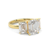 Three Stones Emerald Cut Moissanite Engagement Ring ( Yellow Gold 14K )