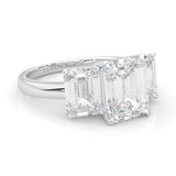 Three Stones Emerald Cut Moissanite Engagement Ring - Platinum-Plated Silver