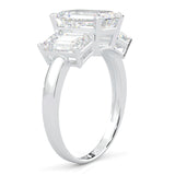 Three Stones Emerald Cut Moissanite Engagement Ring - Platinum-Plated Silver