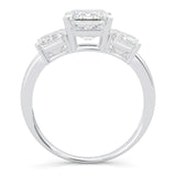 Three Stones Emerald Cut Moissanite Engagement Ring - Platinum-Plated Silver