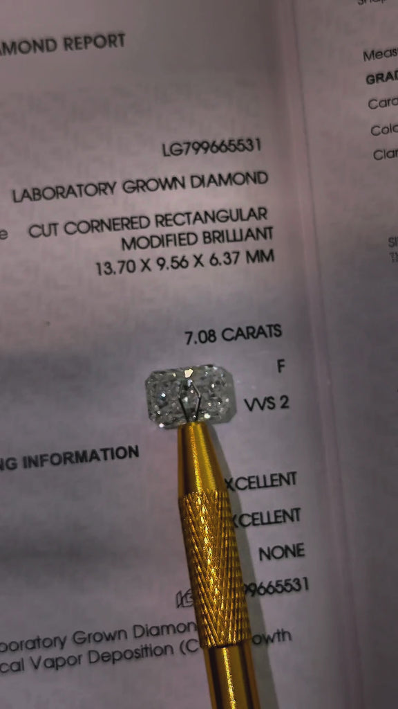 Video of actual 7.08 ct radiant lab-grown diamond, IGI LG799665531