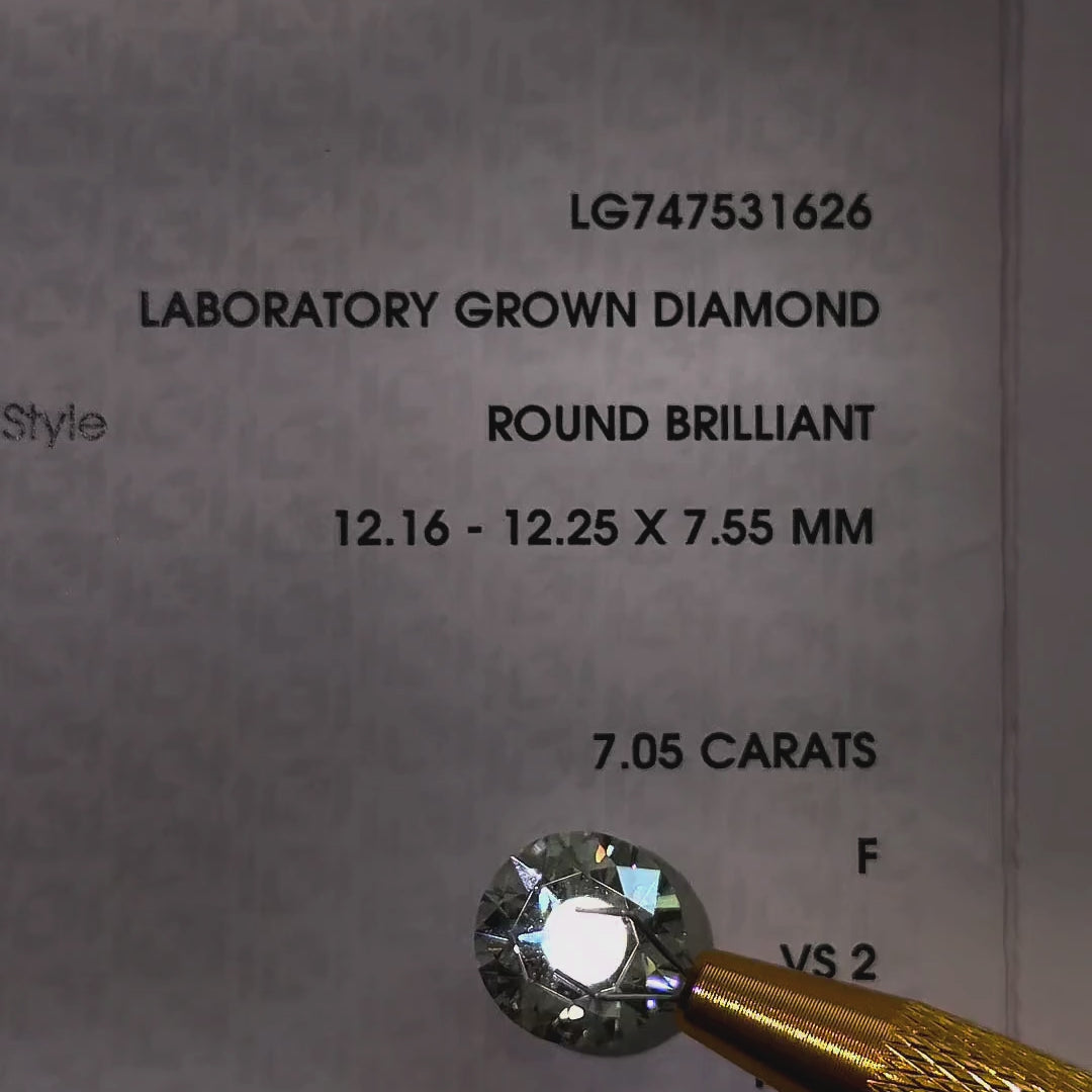 Video of actual 7.05 ct round lab-grown diamond, IGI LG747531626