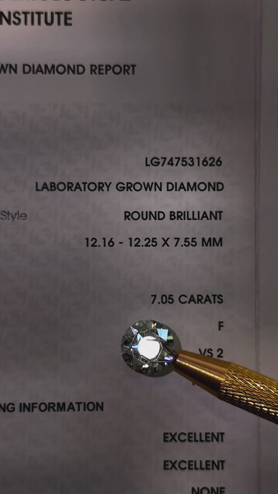 Video of actual 7.05 ct round lab-grown diamond, IGI LG747531626