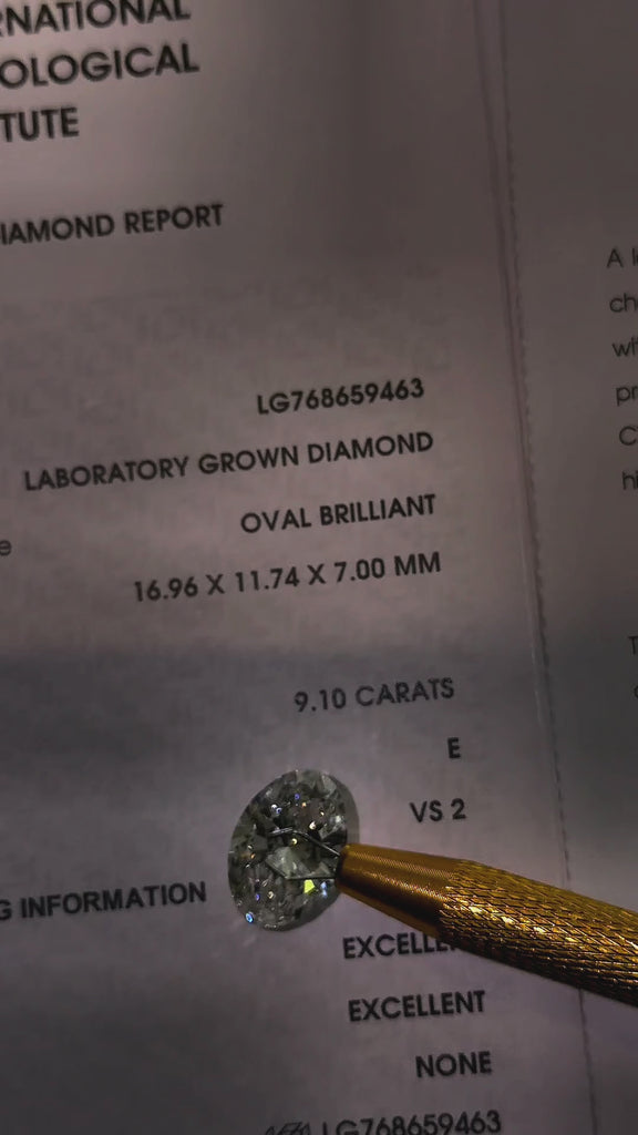 Video of actual 9.10 ct oval lab-grown diamond, IGI LG768659463