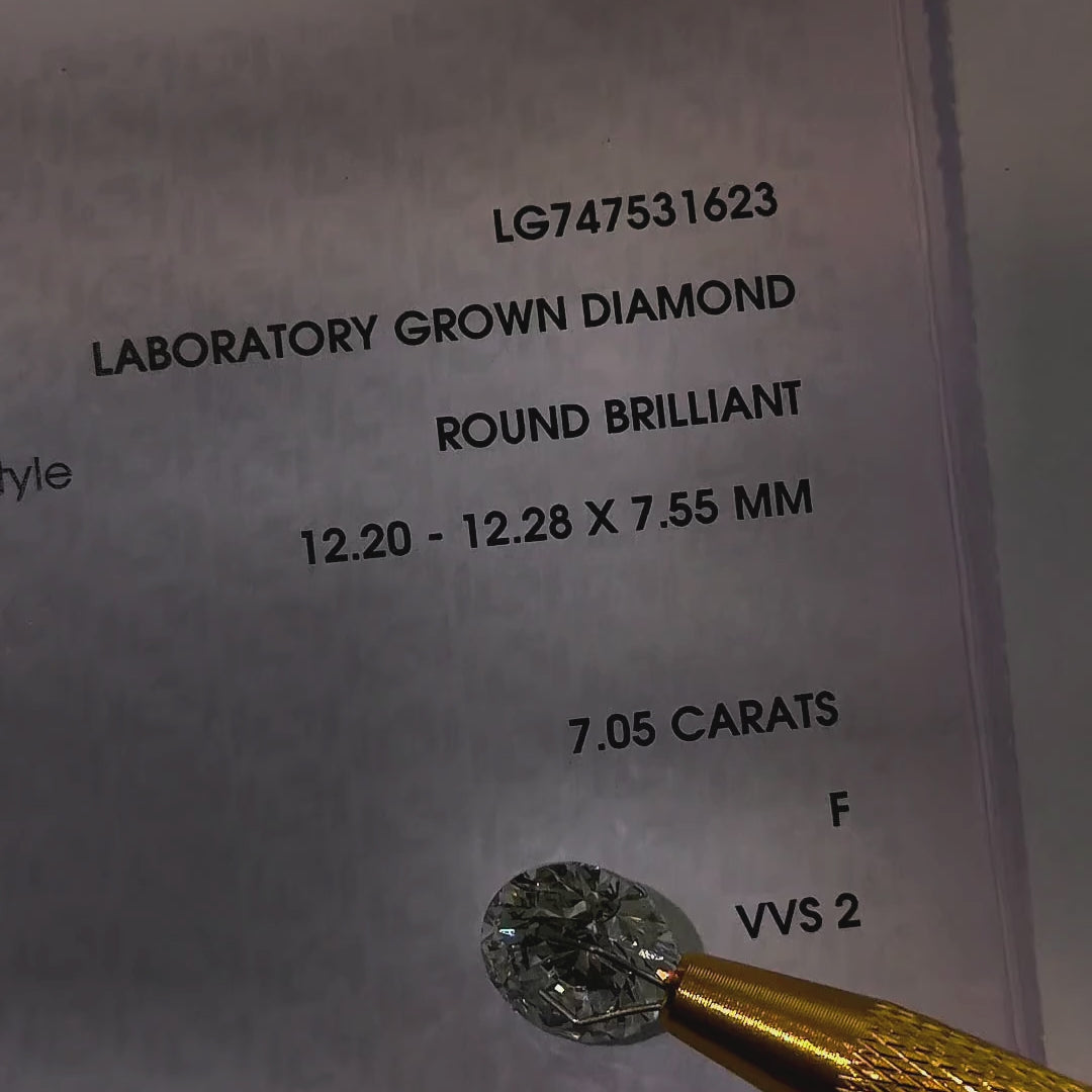 Video of actual 7.05 ct round lab-grown diamond, IGI LG747531623