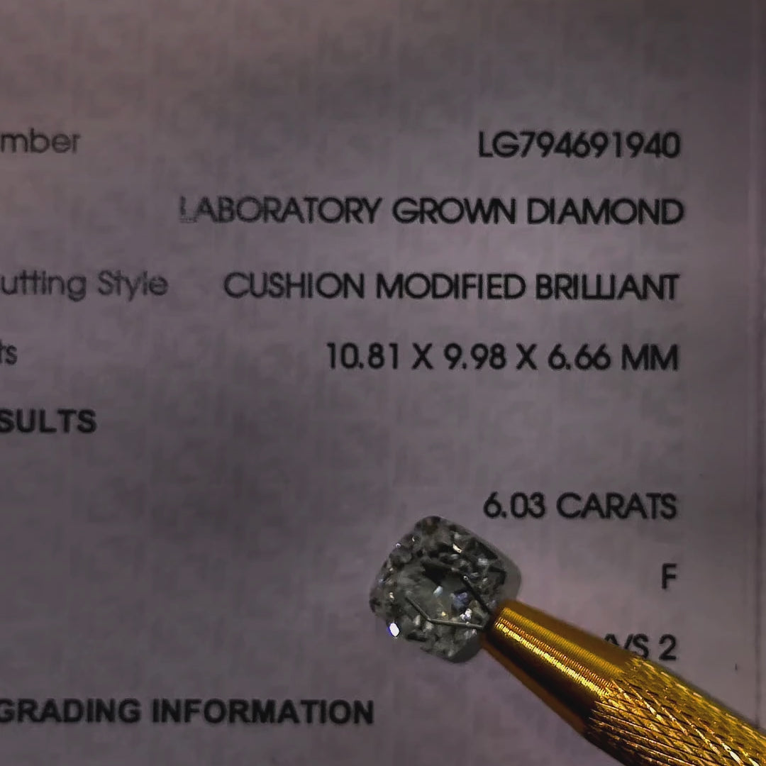 Video of actual 6.03 ct cushion lab-grown diamond, IGI LG794691940