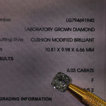 Video of actual 6.03 ct cushion lab-grown diamond, IGI LG794691940