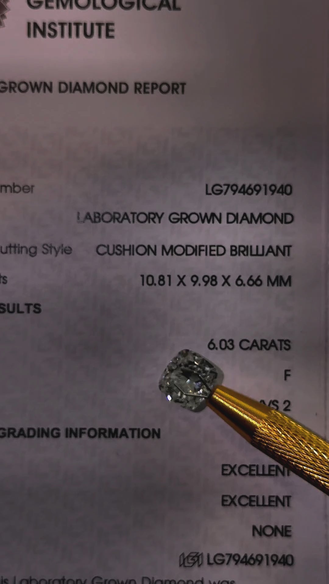 Video of actual 6.03 ct cushion lab-grown diamond, IGI LG794691940