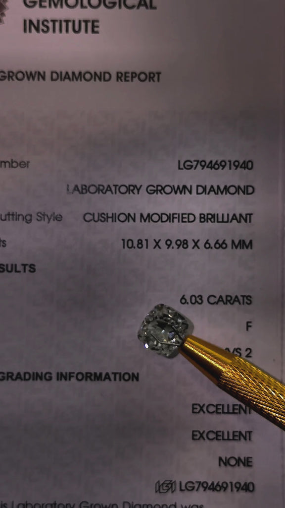 Video of actual 6.03 ct cushion lab-grown diamond, IGI LG794691940