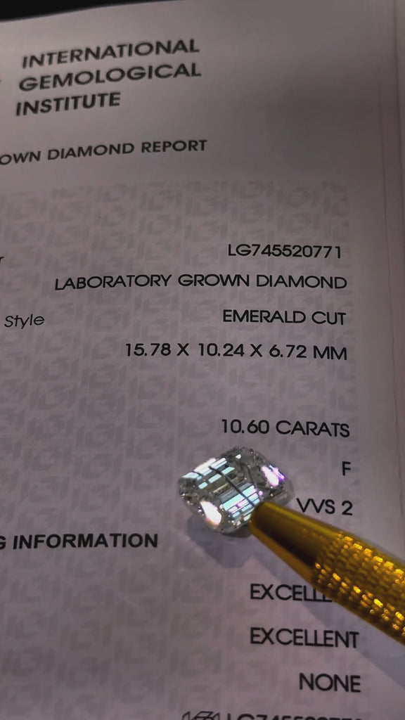 Video of actual 10.60 ct emerald lab-grown diamond, IGI LG745520771