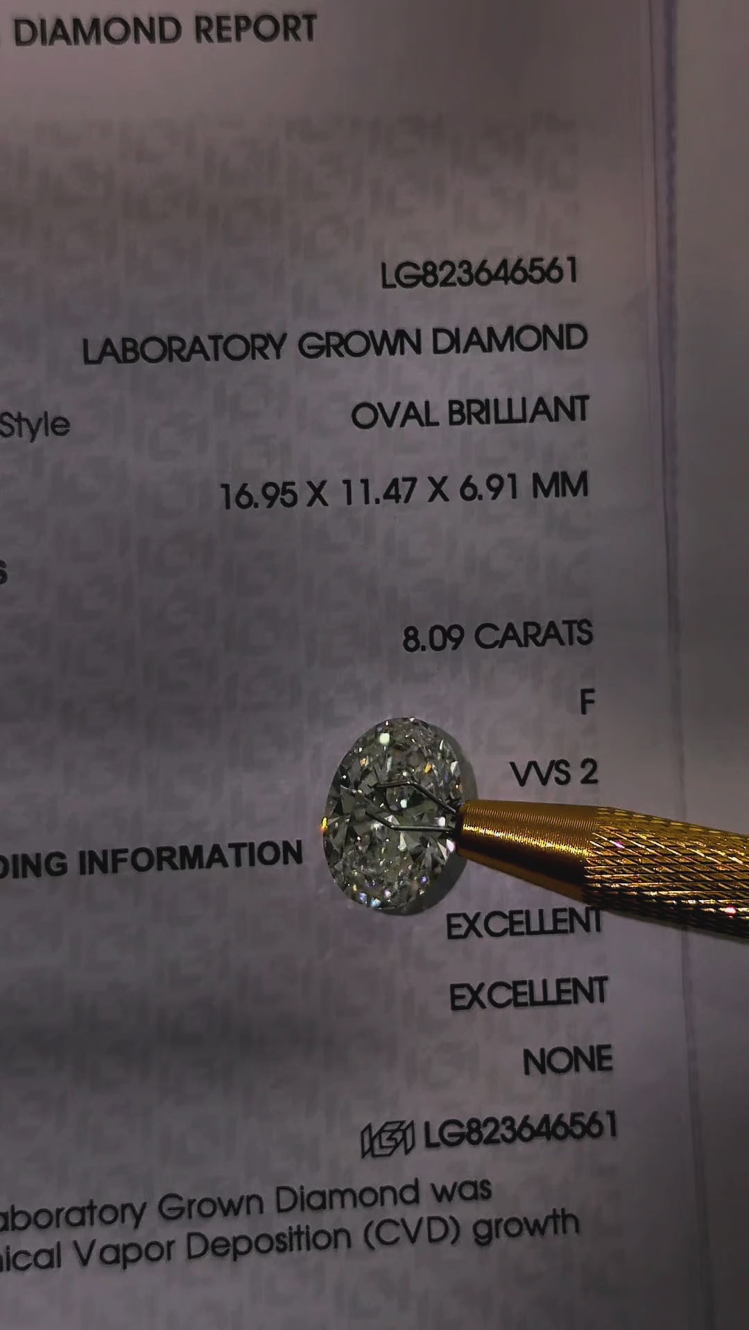Video of actual 8.09 ct oval lab-grown diamond, IGI LG823646561