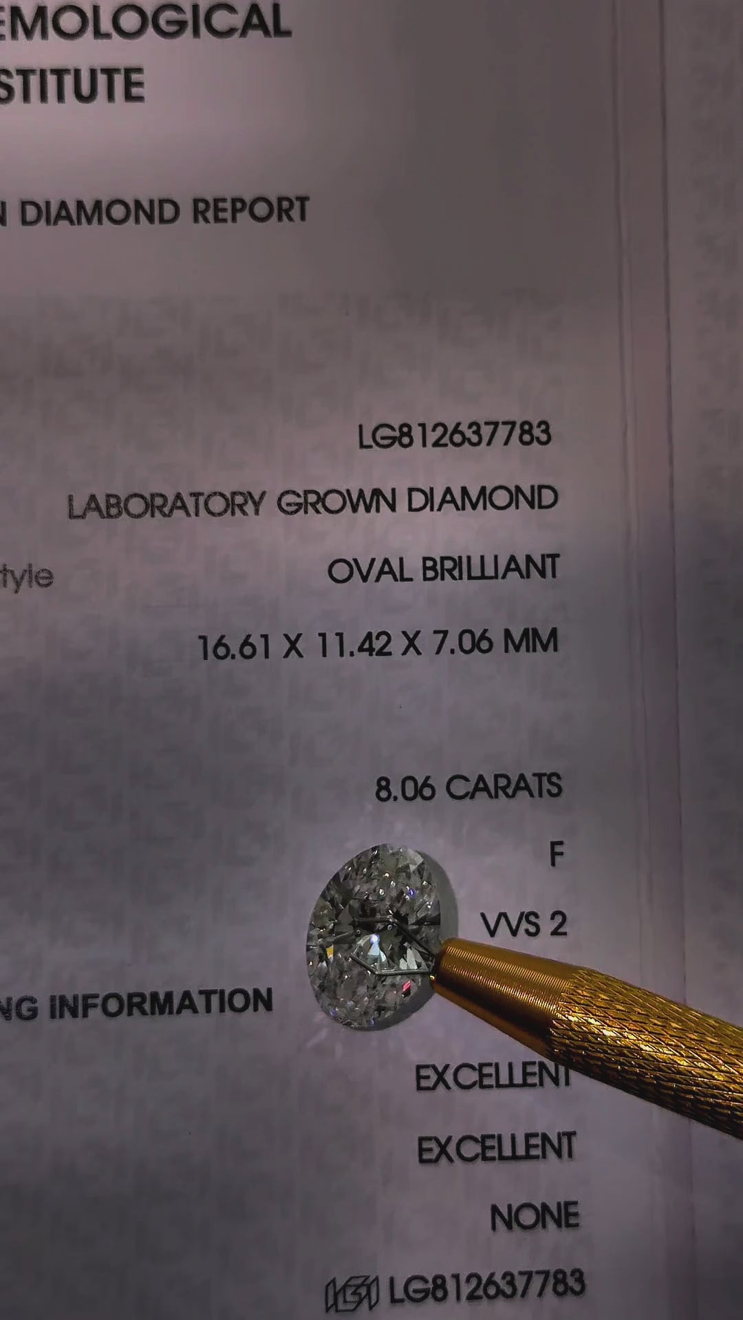 Video of actual 8.06 ct oval lab-grown diamond, IGI LG812637783
