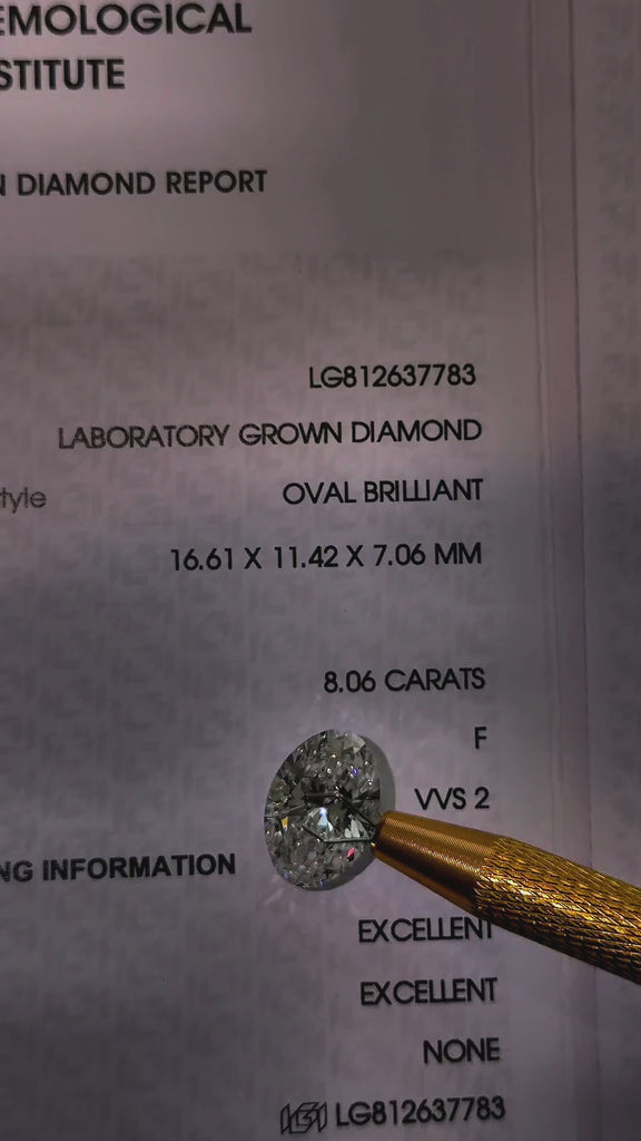 Video of actual 8.06 ct oval lab-grown diamond, IGI LG812637783