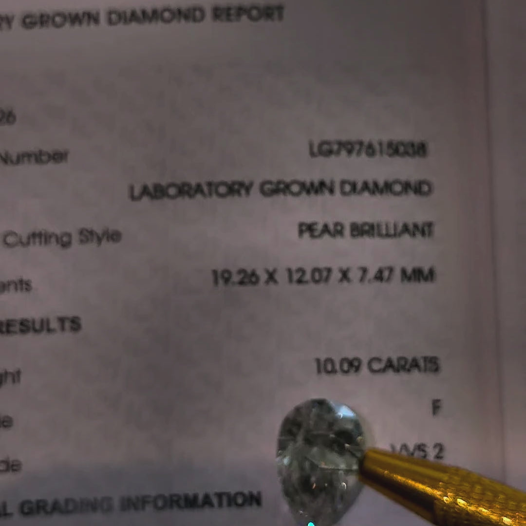 Video of actual 10.09 ct pear lab-grown diamond, IGI LG797615038