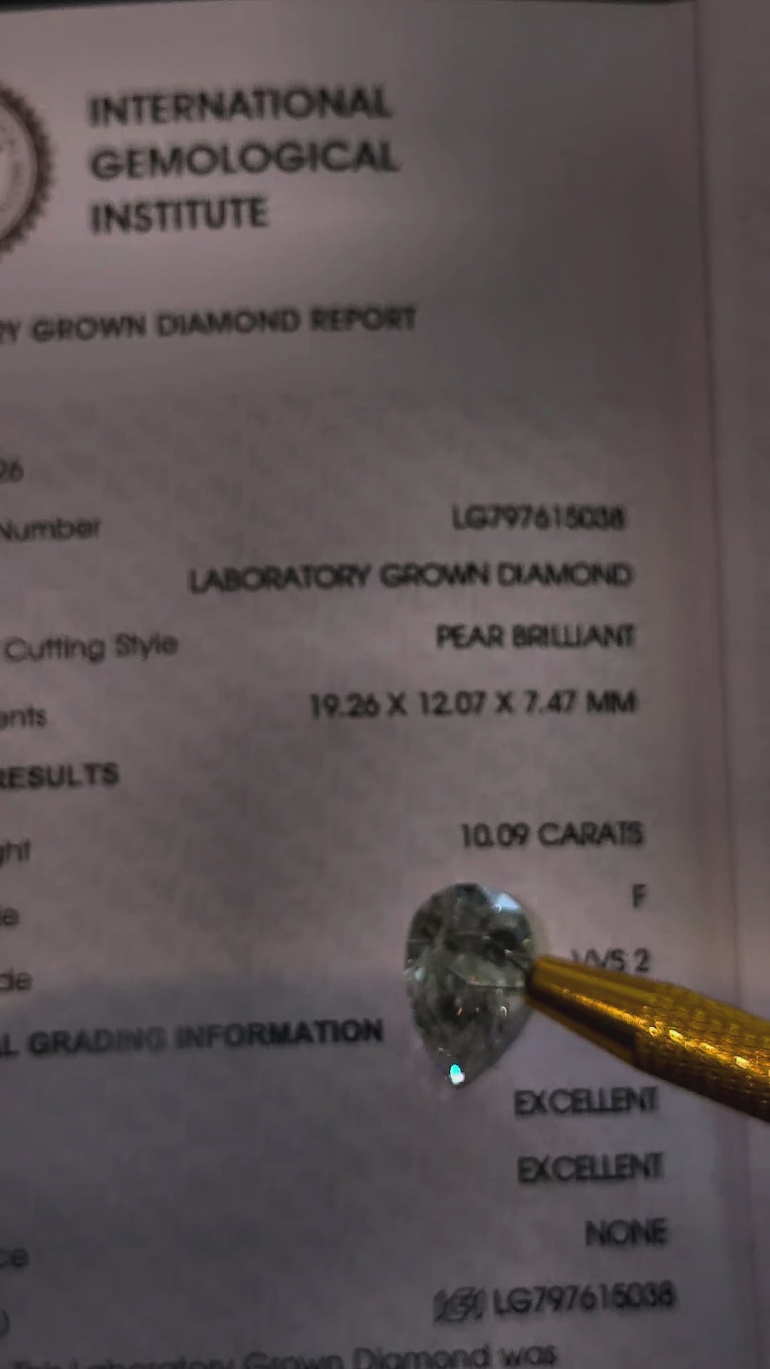 Video of actual 10.09 ct pear lab-grown diamond, IGI LG797615038