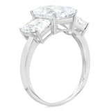 Three Stones Emerald Cut Moissanite Engagement Ring - Platinum-Plated Silver